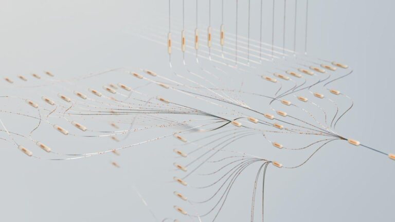 Abstract 3D illustration of glowing nerve-like fibers converging and branching against a soft gray background, representing signaling pathways between the nervous system and the immune system.