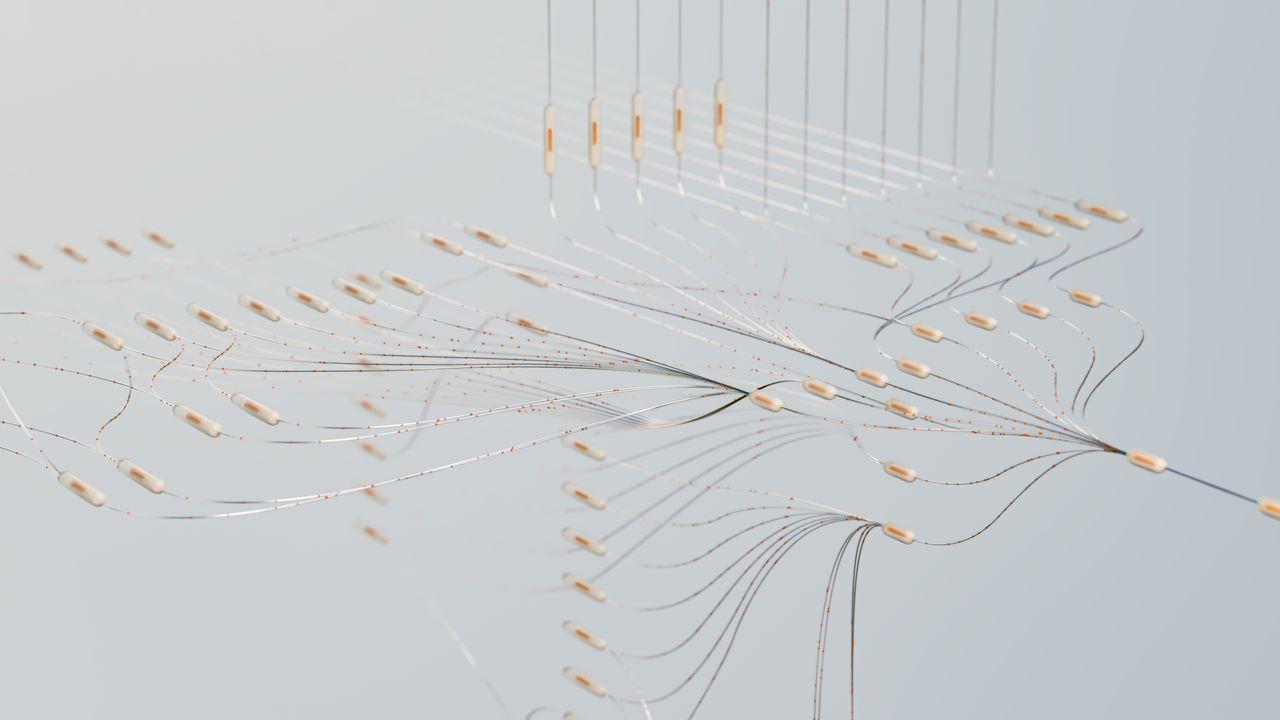 Abstract 3D illustration of glowing nerve-like fibers converging and branching against a soft gray background, representing signaling pathways between the nervous system and the immune system.